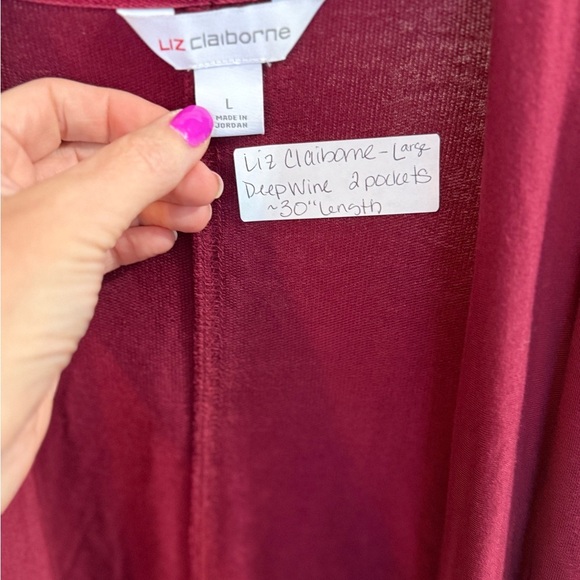 Liz Claiborne Deep Wine/Burgundy Open Front Cardigan w/ Pockets, Size L - Picture 2 of 10
